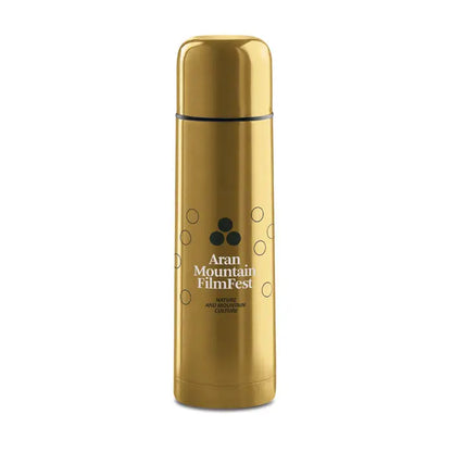 Balon cu perete dublu de 500 ml din otel inoxidabil auriu cu design cilindric si logo aran mountain filmfest