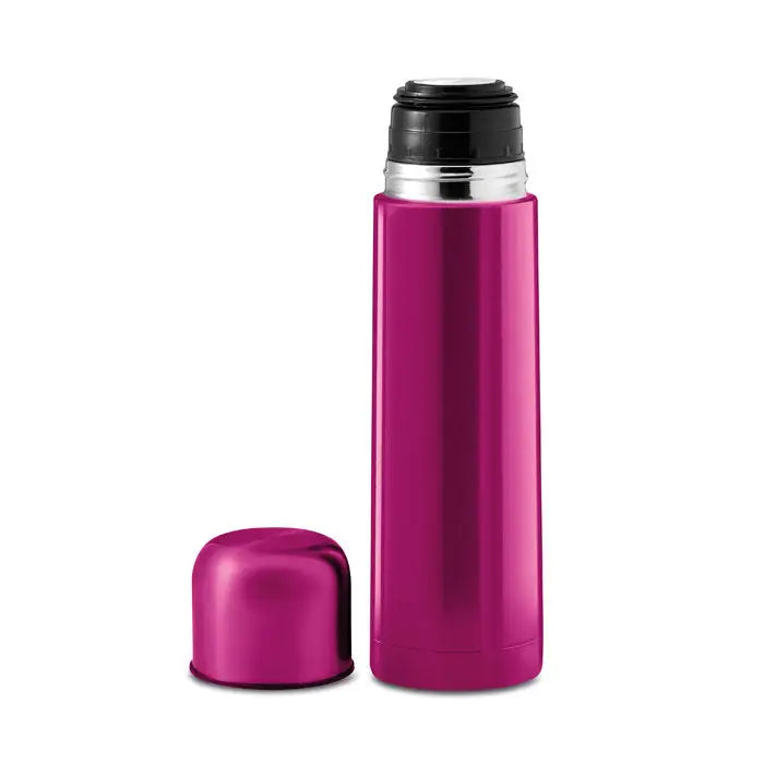 Balon cu perete dublu de 500 ml vibrant magenta din otel inoxidabil cu capac negru si banda metalica argintie