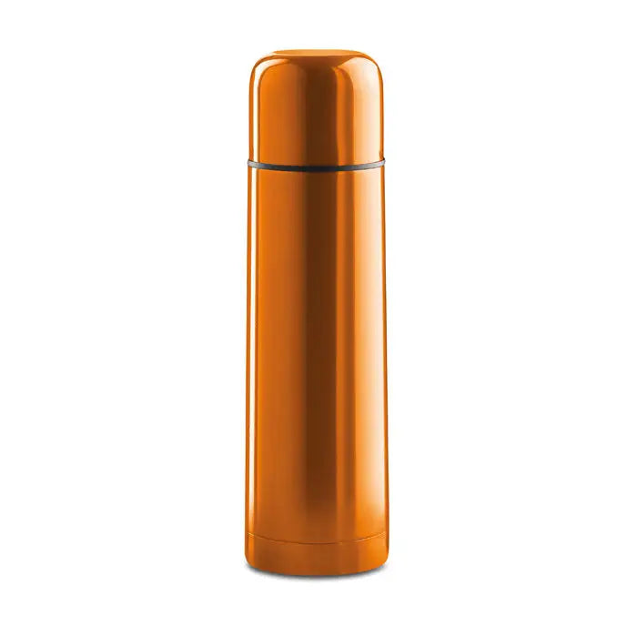 Balon cu perete dublu de 500 ml portocaliu din inox cu forma cilindrica si banda neagra subtire la mijloc