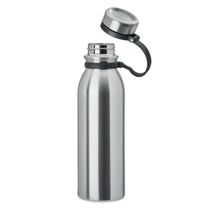 Balon cu perete dublu de 600 ml din oțel inoxidabil argintiu cu grip negru din cauciuc și capac filetat asortat
