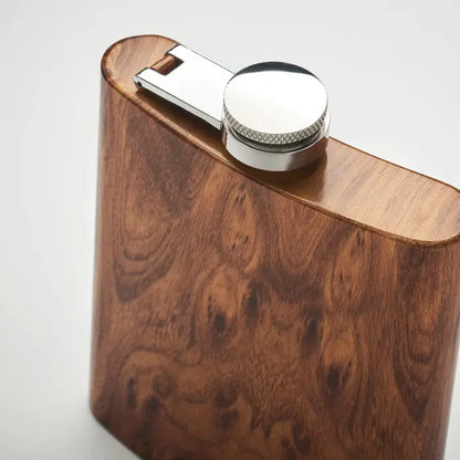 Balon de sold subtire 190 ml flask with a sleek curved design rich brown wood grain finish and polished silver cap