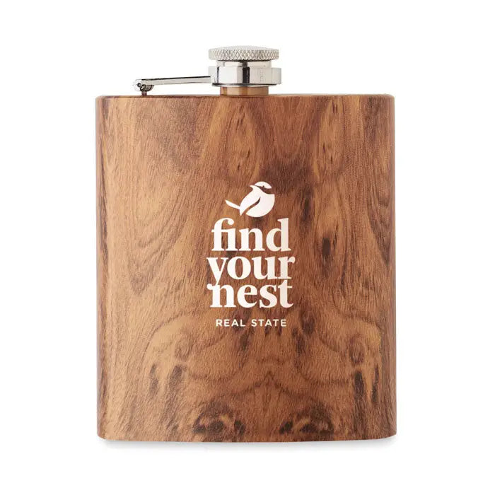 Flacon slim de lemn cu capac metalic argintiu si logo find your nest pentru 190 ml balon de sold subtire