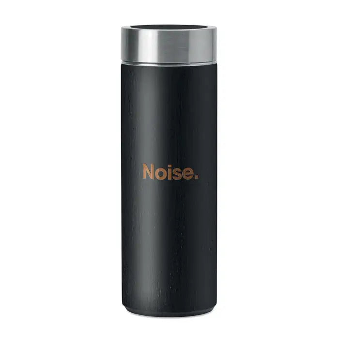 Balon din bambus cu perete dublu 400ml si cana de calatorie neagra izolata cu capac inox si logo noise auriu