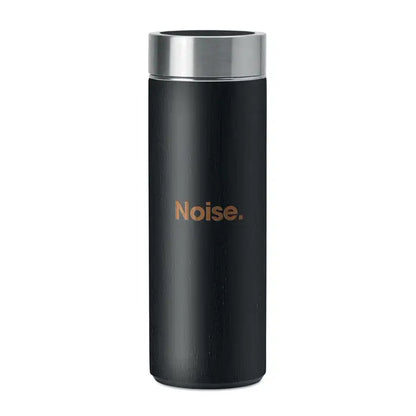 Balon din bambus cu perete dublu 400ml si cana de calatorie neagra izolata cu capac inox si logo noise auriu