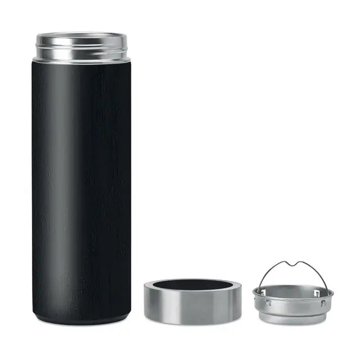 Balon din bambus cu perete dublu de 400ml culoare negru cu capac din otel inoxidabil si infuzor detasabil