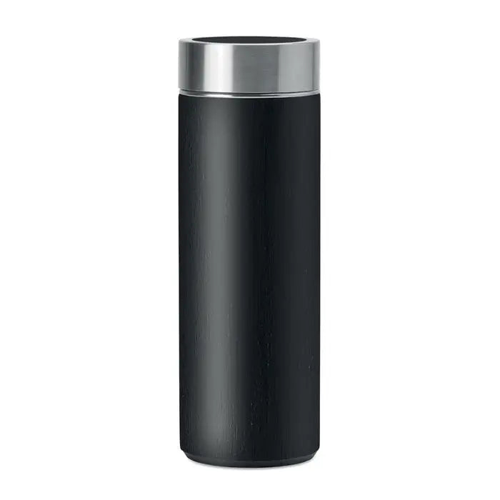 Balon din bambus cu perete dublu 400ml negru cu capac inox si textura subtila de lemn pentru calatorii