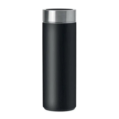 Balon din bambus cu perete dublu 400ml negru cu capac inox si textura subtila de lemn pentru calatorii