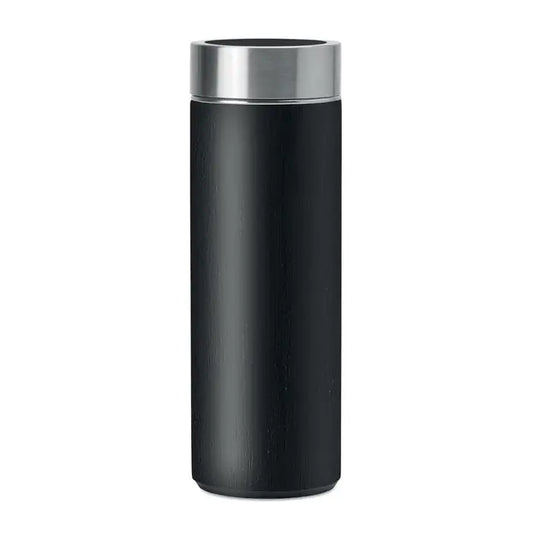 Balon din bambus cu perete dublu 400ml negru cu capac inox si textura subtila de lemn pentru calatorii