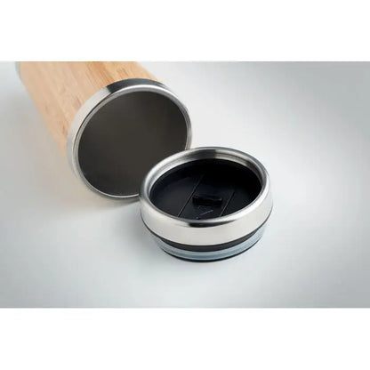 Balon din bambus cu perete dublu 400ml cu capac negru din silicon si inox pentru calatorii elegante