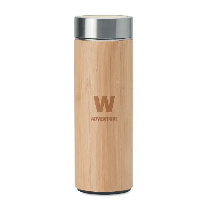Balon din bambus cu perete dublu 400ml un termos elegant cu capac argintiu si baza neagra cu logo gravat w adventure