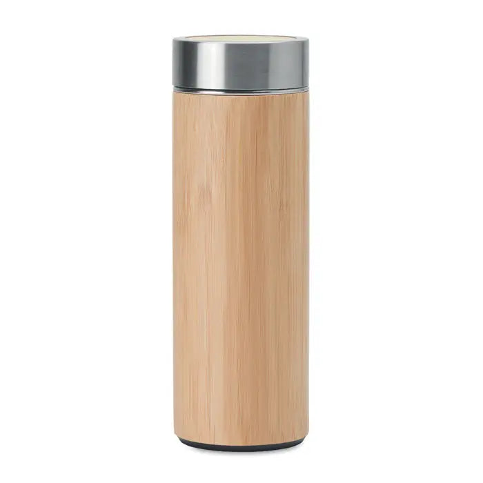 Balon din bambus cu perete dublu 400ml, pahar de calatorie elegant cu capac din otel inoxidabil si baza neagra