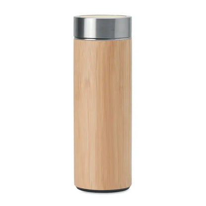 Balon din bambus cu perete dublu 400ml, pahar de calatorie elegant cu capac din otel inoxidabil si baza neagra