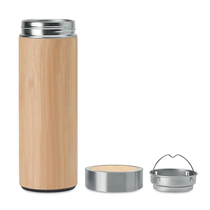 Balon din bambus cu perete dublu 400ml travel mug din inox cu finisaj bambus, capac argintiu si filtru detasabil