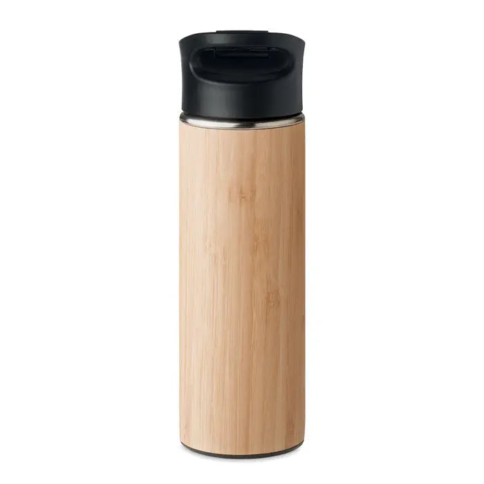 Balon din bambus cu perete dublu 450ml, căldură păstrată, capac negru și accente inoxidabile elegante