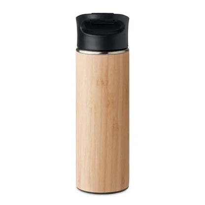 Balon din bambus cu perete dublu 450ml, căldură păstrată, capac negru și accente inoxidabile elegante