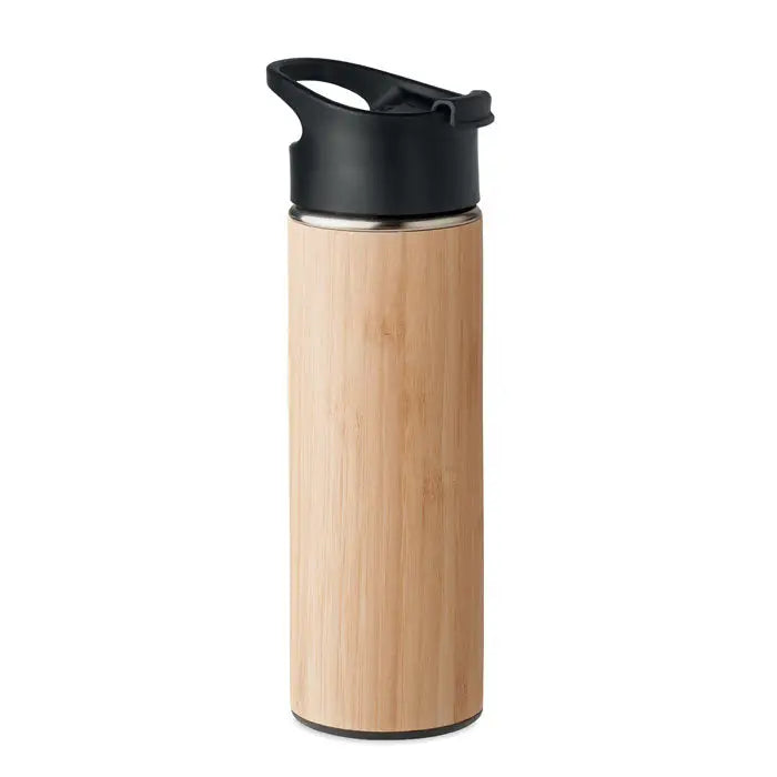Balon din bambus cu perete dublu 450ml cu capac flip-top negru si accente din otel inoxidabil