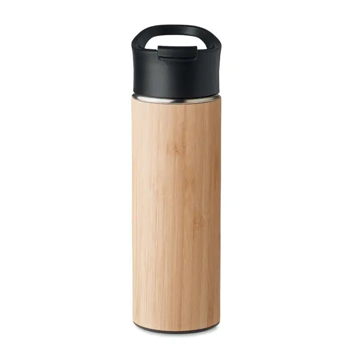 Balon din bambus cu perete dublu 450ml, sticla izolanta cu finisaj de bambus si capac negru flip-top din otel inoxidabil