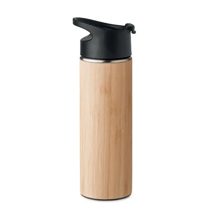 Balon din bambus cu perete dublu 450ml elegant cu capac negru flip-top si accente din otel inoxidabil