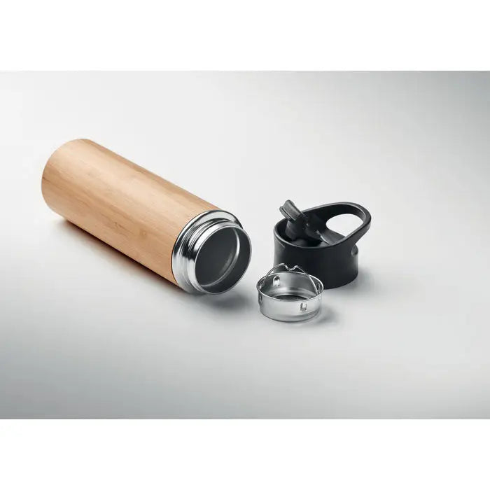 Balon din bambus cu perete dublu 450ml finisaj elegant negru capac infiletare si accente inox