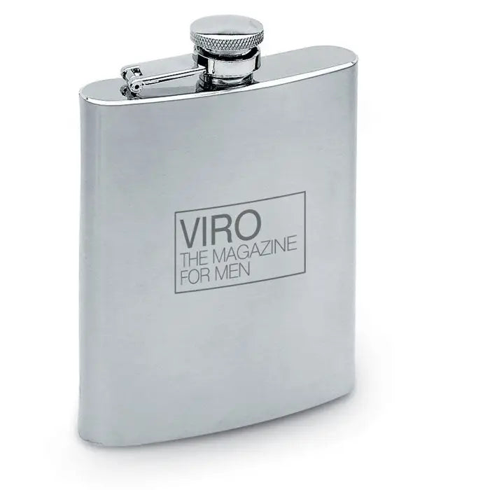 Flacon de șold balon subtire 200 ml din oțel inoxidabil argintiu cu capac texturat și logo gravat viro the magazine for men