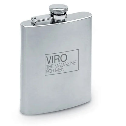 Flacon de șold balon subtire 200 ml din oțel inoxidabil argintiu cu capac texturat și logo gravat viro the magazine for men