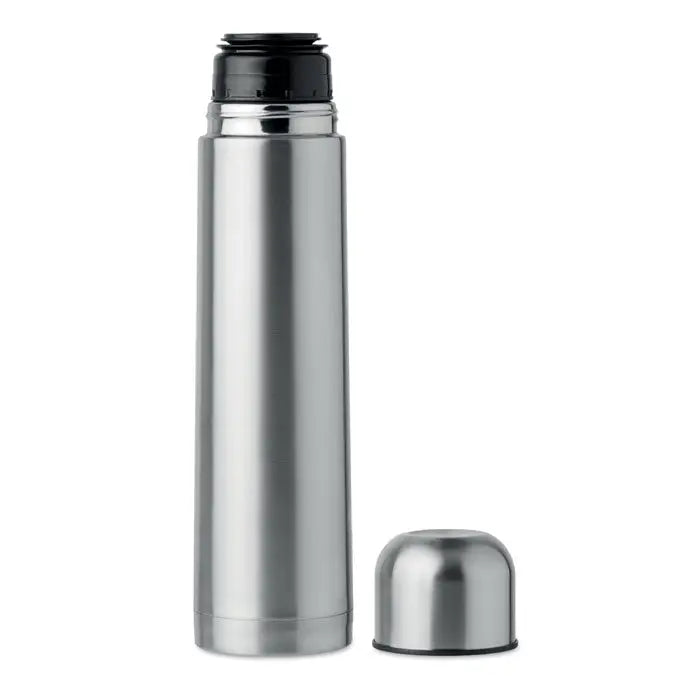 Balon termo 900 ml sticlă izotermă argintie din inox cu capac negru și capac detașabil argintiu