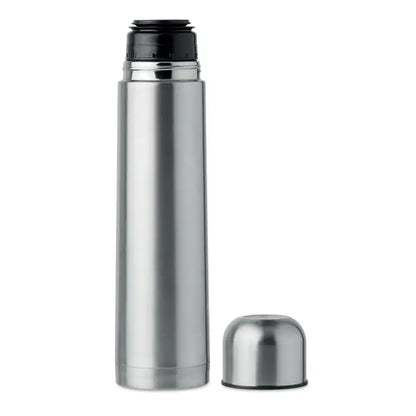 Balon termo 900 ml sticlă izotermă argintie din inox cu capac negru și capac detașabil argintiu
