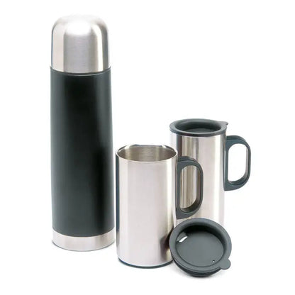 Balon termoizolant cu 2 cani negru si inox cu capac negru ideal pentru calatorii