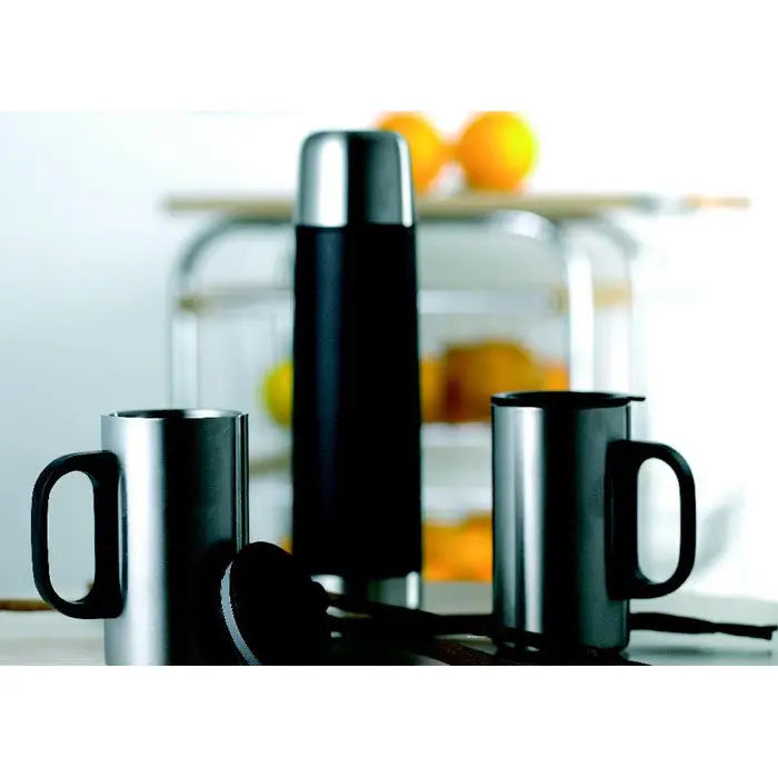 Balon termoizolant cu 2 cani negru si argintiu din otel inoxidabil cu design cilindric elegant