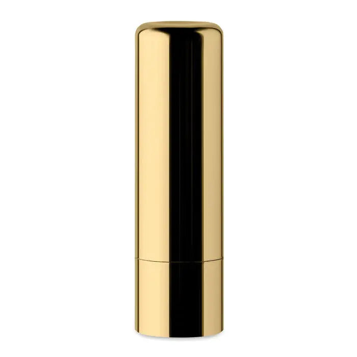 Balsam de buze cu finisaj uv in tub cilindric auriu din metal lucios cu design minimalist
