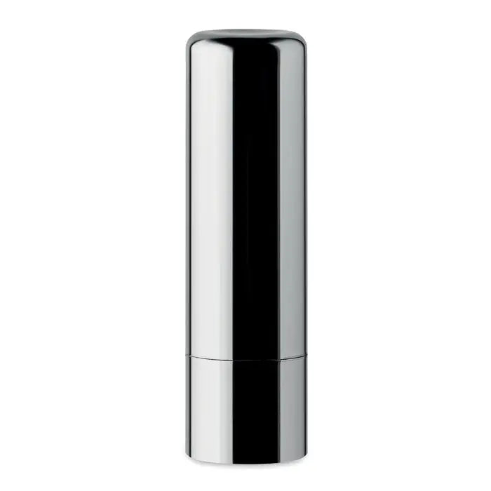 Un tub de balsam de buze cu finisaj uv, cilindric, cromat și reflectorizant cu design minimalist