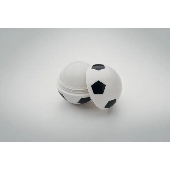 Balsam de buze in forma de fotbal cu design alb si negru, finisaj lucios, tip balsam pentru hidratarea buzelor