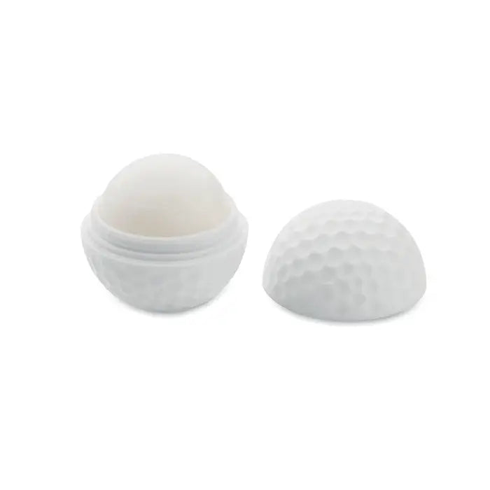 Balsam de buze alb în formă de minge de golf cu suprafață texturată și găuri micșorate pentru hidratare bucală