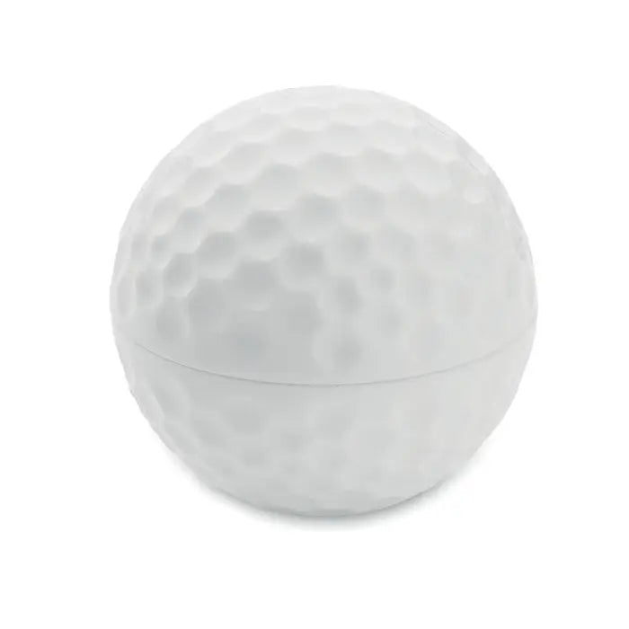 Balsam de buze în formă de minge de golf albă cu suprafață netedă și cu adâncituri, capac articulat subtil