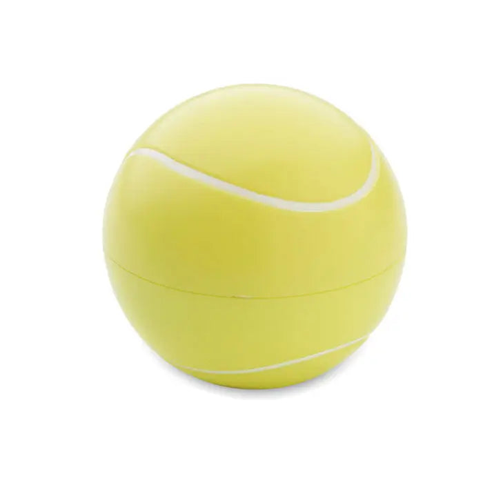 Balsam de buze in forma de minge de tenis galben cu detalii albe de cusatura pentru hidratare buzelor