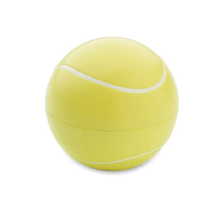Balsam de buze in forma de minge de tenis galben cu detalii albe de cusatura pentru hidratare buzelor