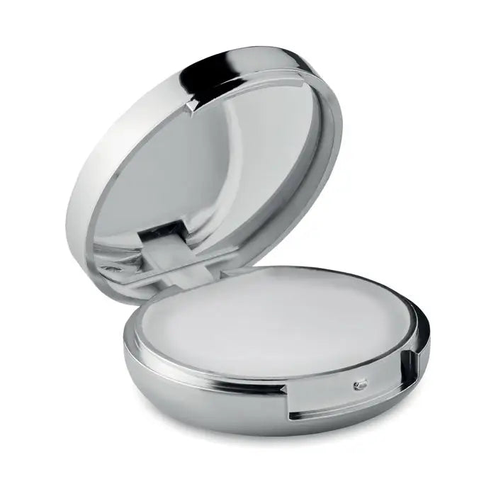 Balsam de buze in oglinda cu oglinda compacta argintie rotunda si suprafata reflectorizanta eleganta