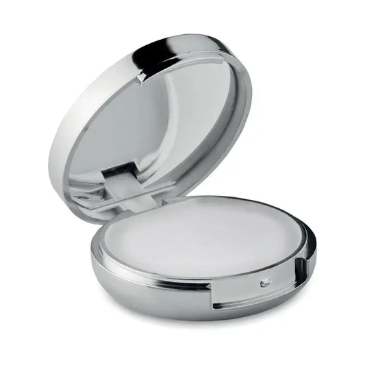 Balsam de buze in oglinda cu oglinda compacta argintie rotunda si suprafata reflectorizanta eleganta