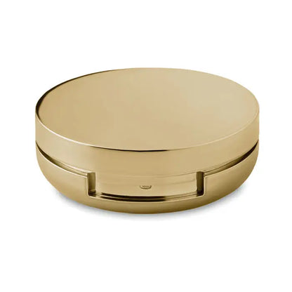 Balsam de buze in oglinda compacta rotunda aurie cu finisaj metalic si design minimalist pentru machiaj portabil