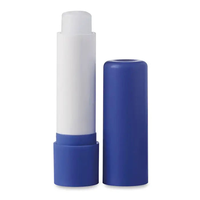 Balsam de buze lip balm stick albastru si alb cu capac albastru pentru hidratarea buzelor