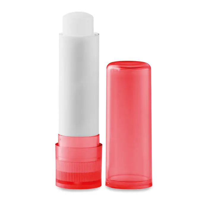 Balsam de buze cu capac rosu translucid si stick alb texturat pentru hidratarea buzelor