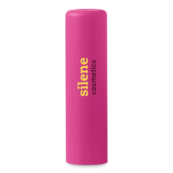 Un balsam de buze cilindric vibrant roz cu logo silene cosmetics inscriptionat cu litere aurii si negre