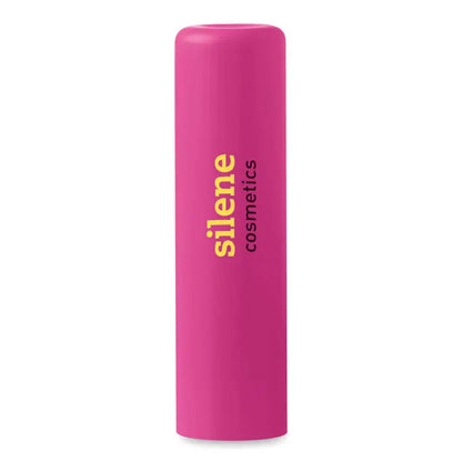Un balsam de buze cilindric vibrant roz cu logo silene cosmetics inscriptionat cu litere aurii si negre