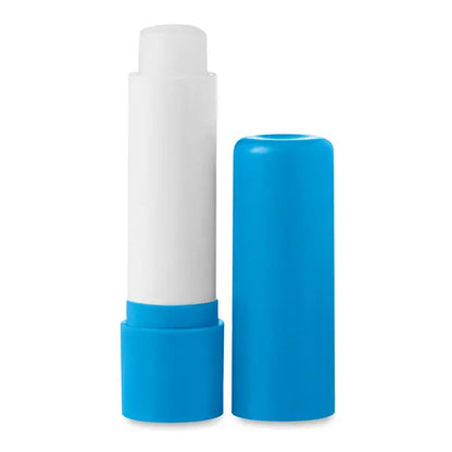 Balsam de buze cu tub din plastic albastru si corp alb cu capac albastru pentru hidratarea buzelor