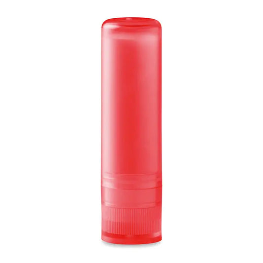 Balsam de buze tub de plastic rosu translucid cu baza striata pentru aplicare usoara