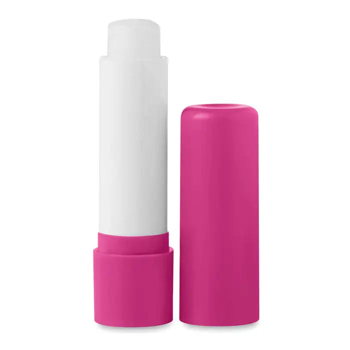 Balsam de buze tub din plastic roz cu corp alb si capac pentru hidratarea buzelor