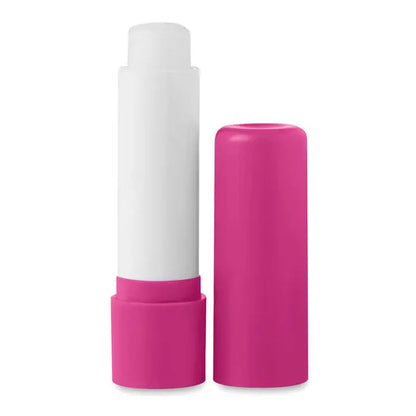 Balsam de buze tub din plastic roz cu corp alb si capac pentru hidratarea buzelor