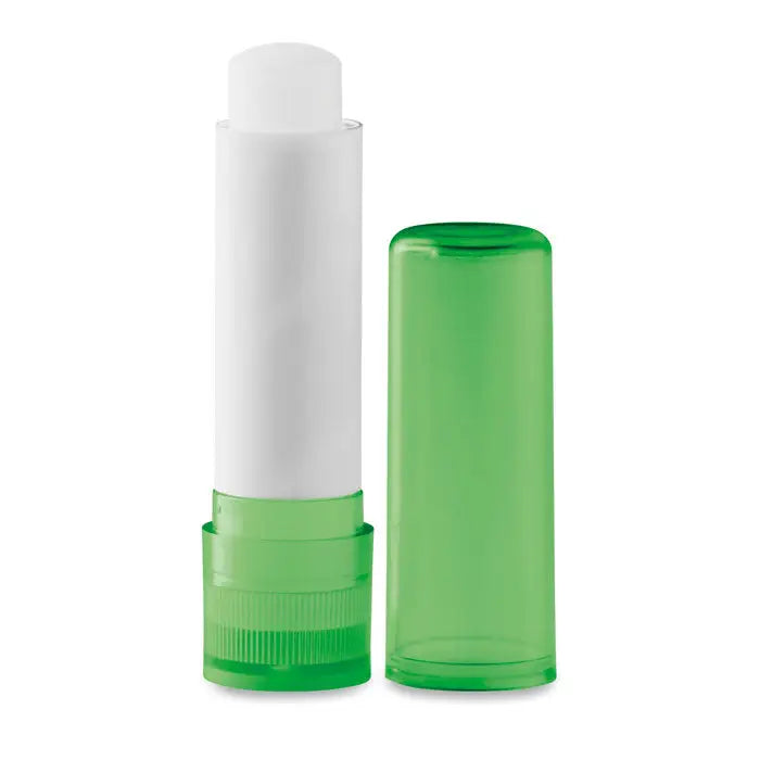 Balsam de buze în tub de plastic verde translucid cu baghetă albă și capac verde potrivit pentru hidratare bucală
