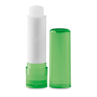 Balsam de buze în tub de plastic verde translucid cu baghetă albă și capac verde potrivit pentru hidratare bucală