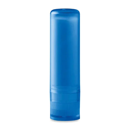 Balsam de buze în tub albastru translucid din plastic cu bază zimțată pentru aplicare ușoară